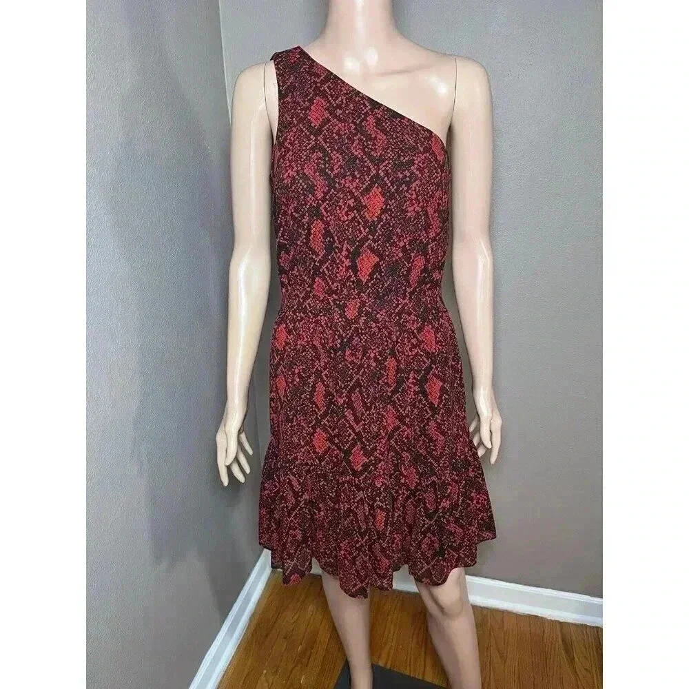 Michael Kors Snake Print Georgette One-Shoulder Dress Red Size 2